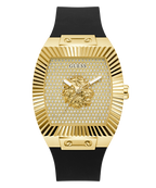 Gold GUESS Mens Black Gold Tone Analog Watch with black strap featuring Guess logo on a white background