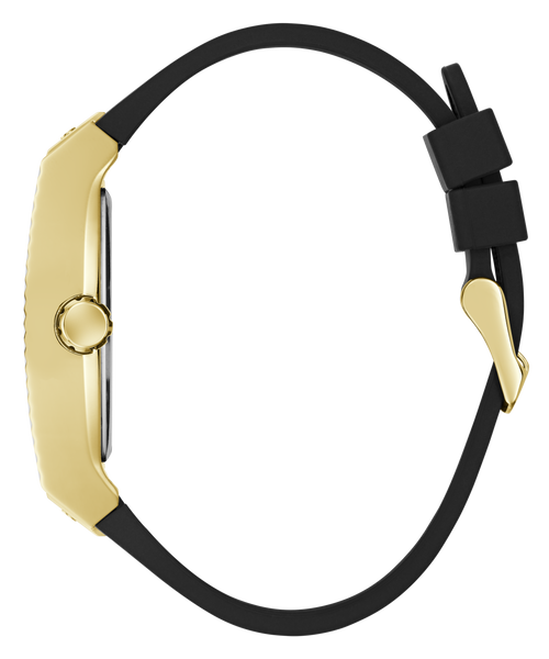 Black GUESS Mens Black Gold Tone Analog Watch strap with gold clasp on a white background