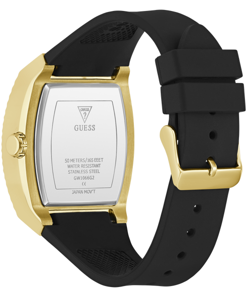 Black and gold GUESS Mens Black Gold Tone Analog Watch with visible brand logo on a white background