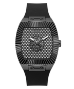 Black Guess watch with diamond-studded face on a white background