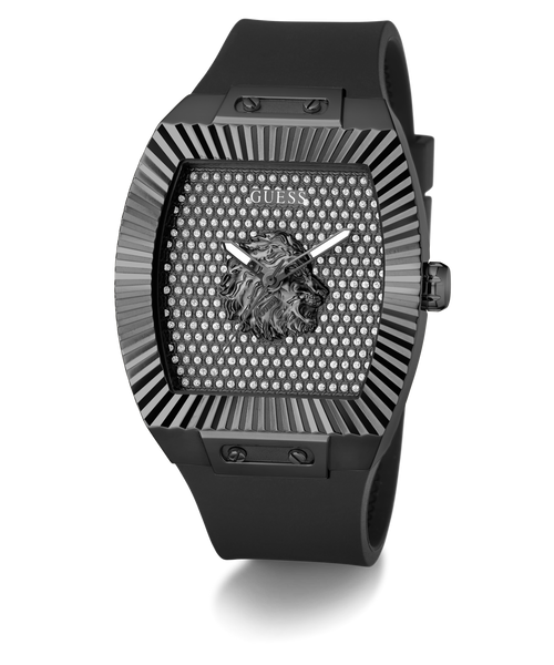 Black Guess watch with lion emblem on a white background